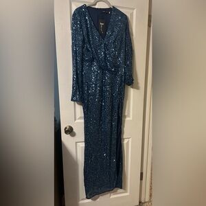 Sequin V-Neck Maxi Dress in Teal Blue